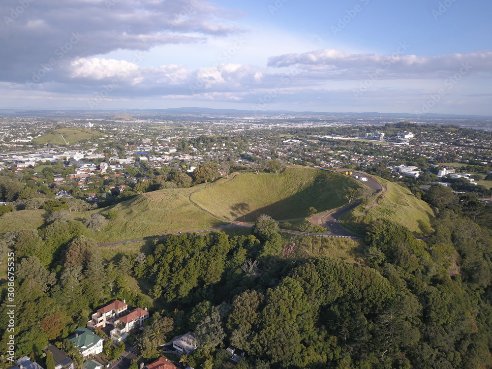 Mount Eden, Auckland / New Zealand - December 10, 2019: The Legendary Volcano location of Mount Eden and the skyline of Auckland