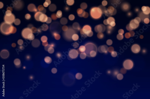 Bokeh lights effect on blue background. Vector Christmas glowing yellow and orange overlay sparkle texture.