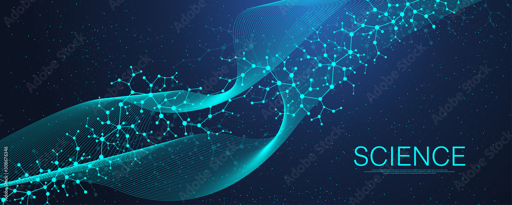 Scientific molecule background DNA double helix vector illustration with shallow depth of field. Mysterious wallpaper or banner with a DNA molecules. Health care and science innovation pattern.