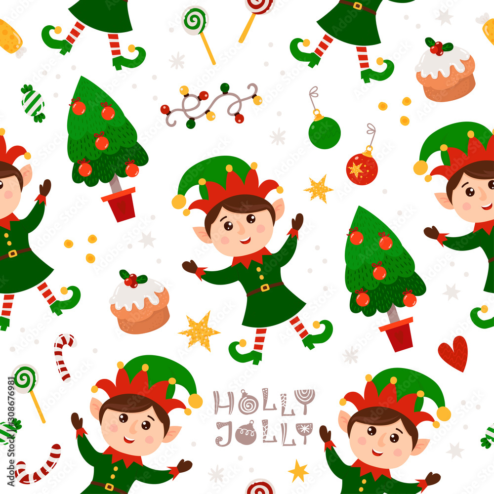 Fototapeta premium Christmas seamless pattern with gnome and Christmas tree