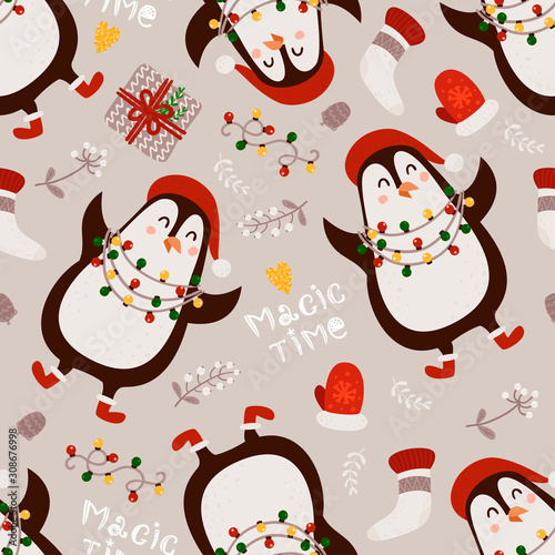 Christmas seamless pattern with penguins