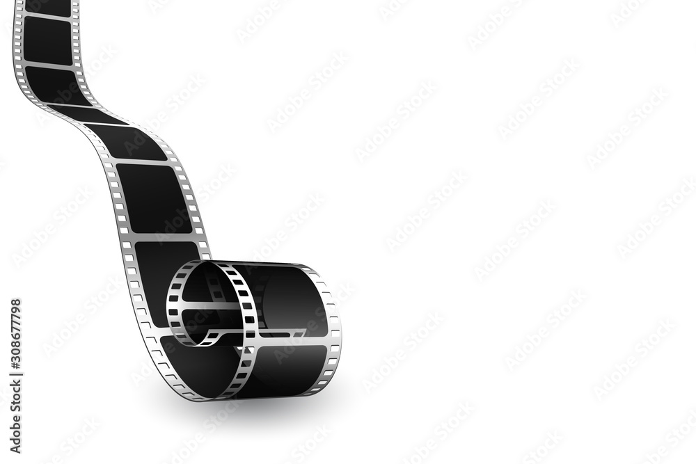 Realistic 3D cinema film strip in perspective. Film reel frame isolated on white background. Vector template cinema festival with place for text. Movie design for brochure, poster, banner or flyer.