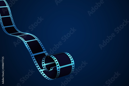 Realistic 3D cinema film strip in perspective. Film reel frame isolated on blue background. Vector template cinema festival with place for text. Movie design for brochure, poster, banner or flyer.