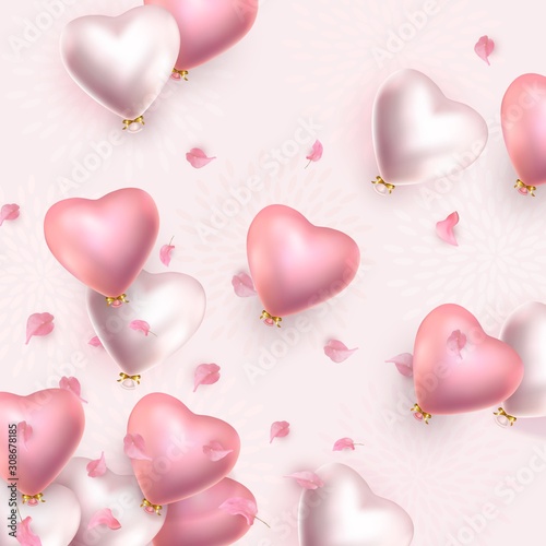Happy Valentines Day banner. 3d rose pearl heart-shaped helium balloons, petals