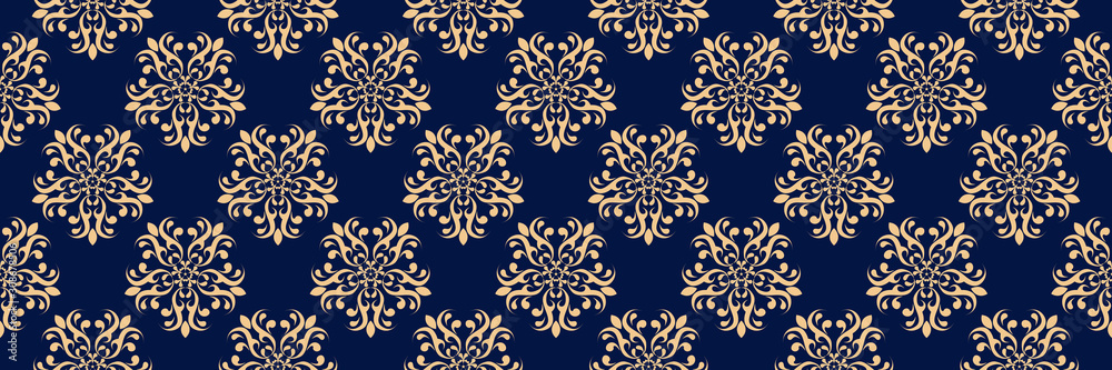 Floral seamless pattern. Golden flowers on dark blue background Floral seamless pattern. Golden flowers on dark blue background