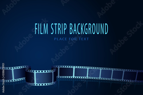 Realistic 3D cinema film strip in perspective isolated on blue background. Vector template cinema festival. Movie design cinema film strip for ad, poster, presentation, show, brochure, banner or flyer