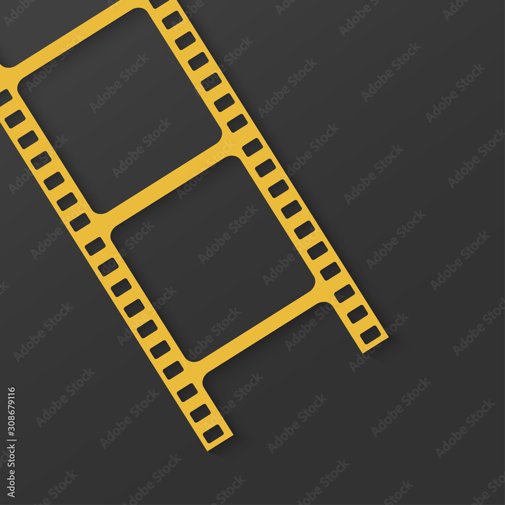 Realistic 3D gold cinema film strip isolated on grey background. Festive  design cinema film reel frame with place for text. Vector template movie  for advertisement, poster, brochure, banner, flyer. Stock Vector