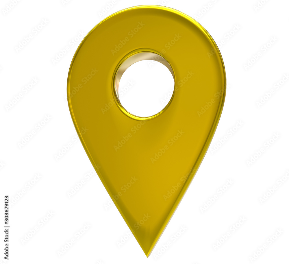 Yellow map pointer 3d pin. Location symbol isolated on white background. Web location point, pointer. 3D rendering. Yellow map pointer 3d pin. Location symbol isolated on white background. Web location point, pointer. 3D rendering.