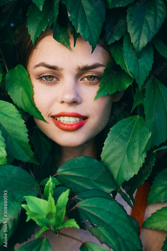 beautiful woman green leaves luxury of nature beautiful woman green leaves luxury of nature