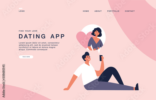 Landing page template for websites with young man holding mobile device and chatting with his girlfriend. Dating application concept banner.