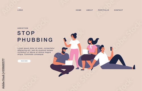 Landing page template for websites with people using their laptops and computers . Stop phubbing concept banner illustration. photo