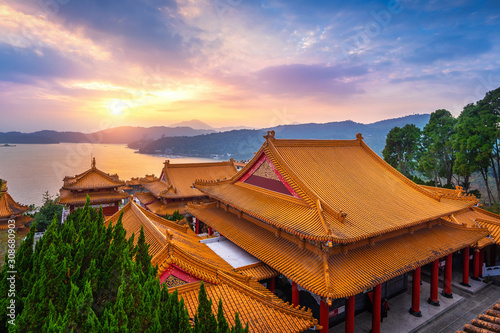 Wenwu temple and Sun moon lake at sunset, Taiwan. photo