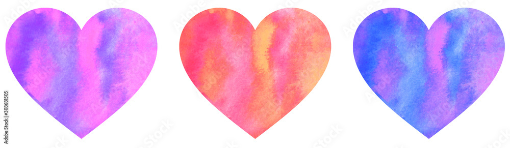 Hand painted watercolor hearts. Isolated objects perfect for Valentine's day card or romantic post cards