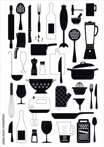 Silhouettes noires de différents ustensiles de cuisine.