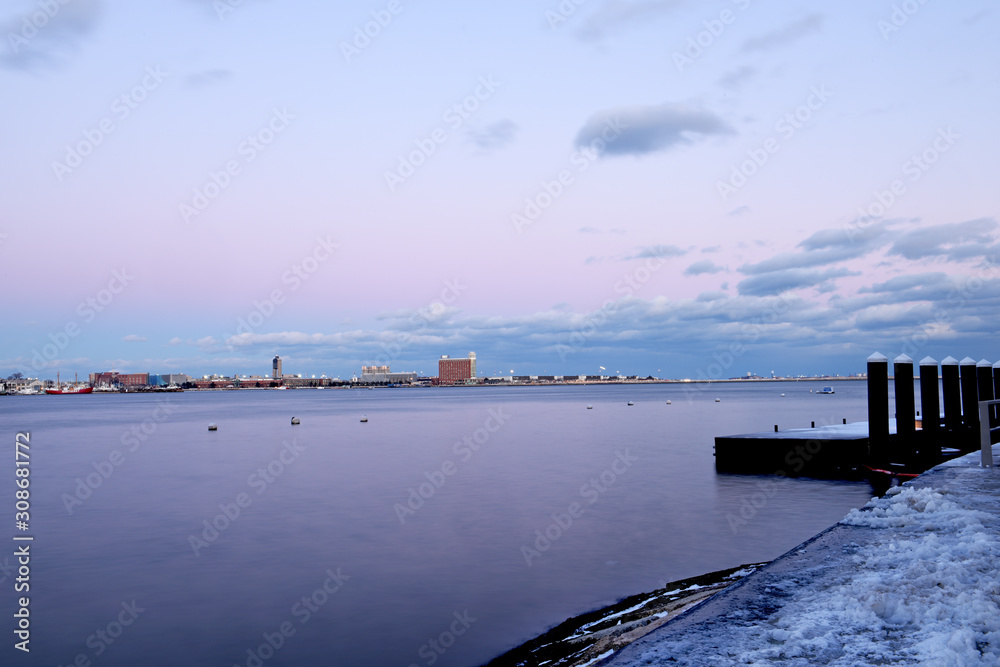 Winter view of the Boston Bay. Old pier. USA. Massachusetts.