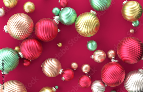 Christmas 3d decoration with Christmas ball on red background. Christmas  winter  new year concept. Flat lay  top view.