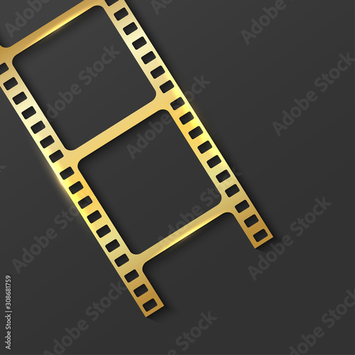 Realistic 3D gold cinema film strip isolated on grey background. Festive design cinema film reel frame with place for text. Vector template movie for advertisement, poster, brochure, banner, flyer.