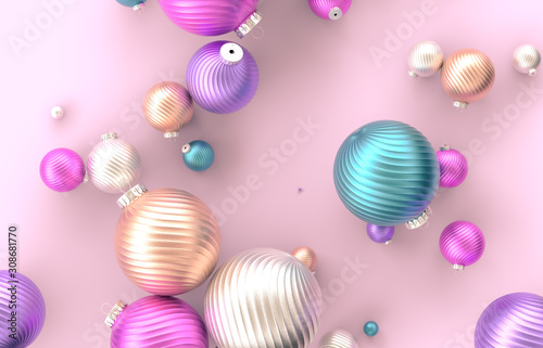 Christmas 3d decoration with Christmas ball on pink background. Christmas  winter  new year concept. Flat lay  top view.