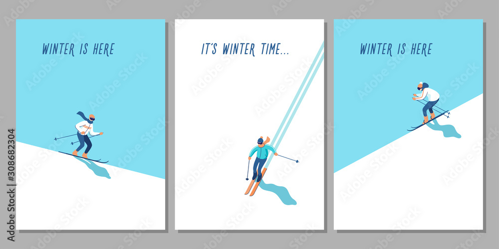 Vector illustration of skiers on mountain with text. Sports men in the ski resort. Winter seasonal activity. - obrazy, fototapety, plakaty 