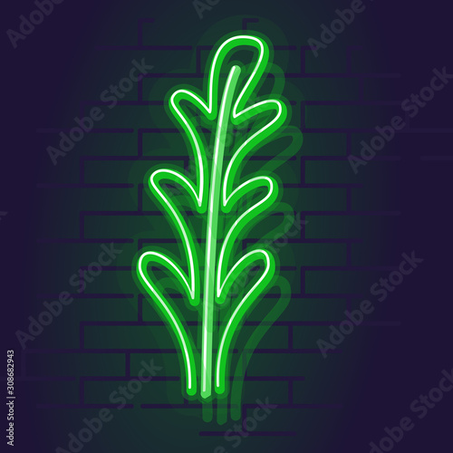 Neon arugula icon. Night illuminated wall street sign for menu or signboard. Square illustration on brick wall background.