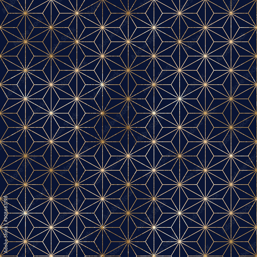 Seamless geometric gold Japanese asanoha pattern. Golden abstract texture on blue background Seamless geometric gold Japanese asanoha pattern. Golden abstract texture on blue background