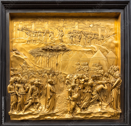 Detail of the Gate of Paradise - one of ten bronze panels on the famous Ghiberti Gates of Paradise to the baptistery of San Giovanni. photo