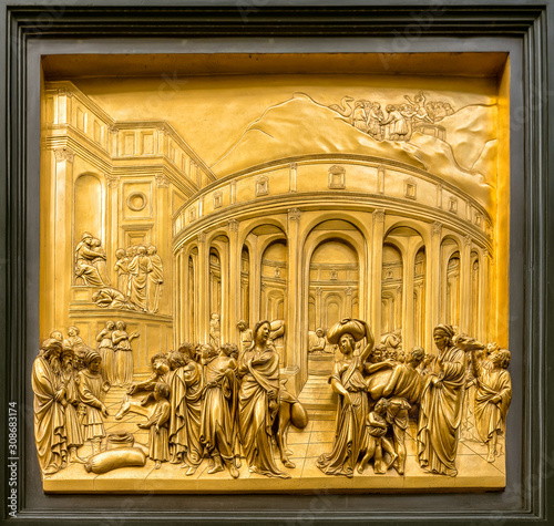Detail of the Gate of Paradise - one of ten bronze panels on the famous Ghiberti Gates of Paradise to the baptistery of San Giovanni. photo