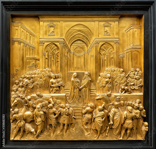 Detail of the Gate of Paradise - one of ten bronze panels on the famous Ghiberti Gates of Paradise to the baptistery of San Giovanni. photo