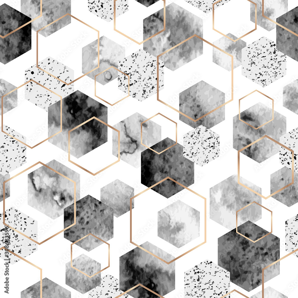 Obraz premium Bezszwowe abstrakcyjny wzór geometryczny z konturem złotej folii i szarego sześciokąta akwarela