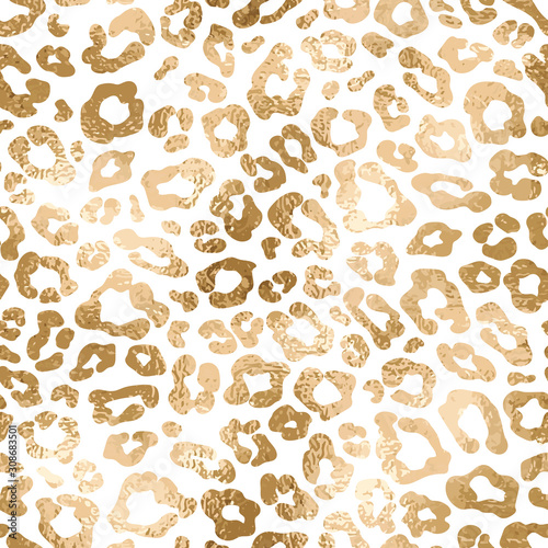 Fashion seamless pattern with gold leopard fur. Metallic animal skin on white background