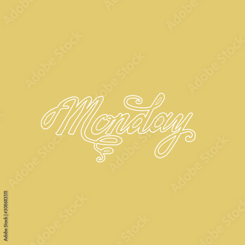 Week day lettering. Monday. Hand drawn modern calligraphy brush pen style. White outline on nude background.  Calligraphic element for design. Vector illustration. 