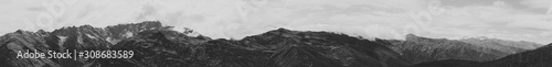 Black and white shot of Panoramic view of Svaneti range and latpari pass, Ushguli, Svaneti region of Georgia