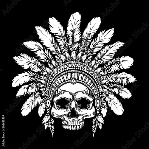 Tattoo illustration of indian warrior skull in feathers hat. Native american chief background