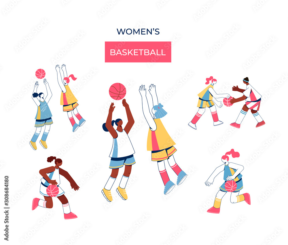 Women playing basketball collection. Girls train to dribble, throw and block shot. 