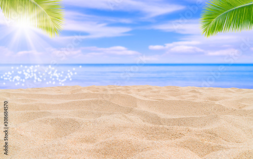 Fototapeta Naklejka Na Ścianę i Meble -  Summer Vacation and Travel Holiday Concept : Tropical beautiful seascape view of sand beach and blue sky in background.