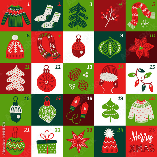 Christmas Advent Calendar with sweater, socks, fir tree, berries, scarf