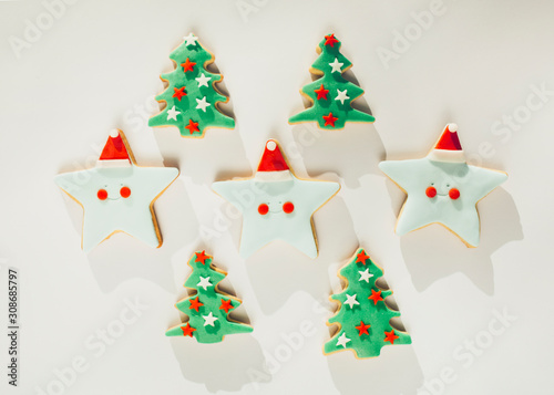 Christmas gingerbread coockies. Homemade New Year coockies on white background photo