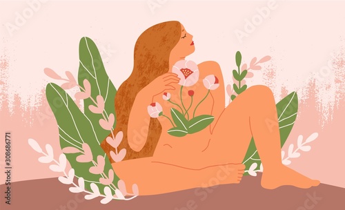 Female blooming from within flat vector illustration. Nude woman with flowers growing from chest. Girl with long hair, unity with mother nature symbol. Femininity, prosperity and self love concept.