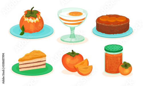 Persimmon Desserts Collection  Stuffed Fruit  Cake  Sorbet  Jam Jar Vector Illustration