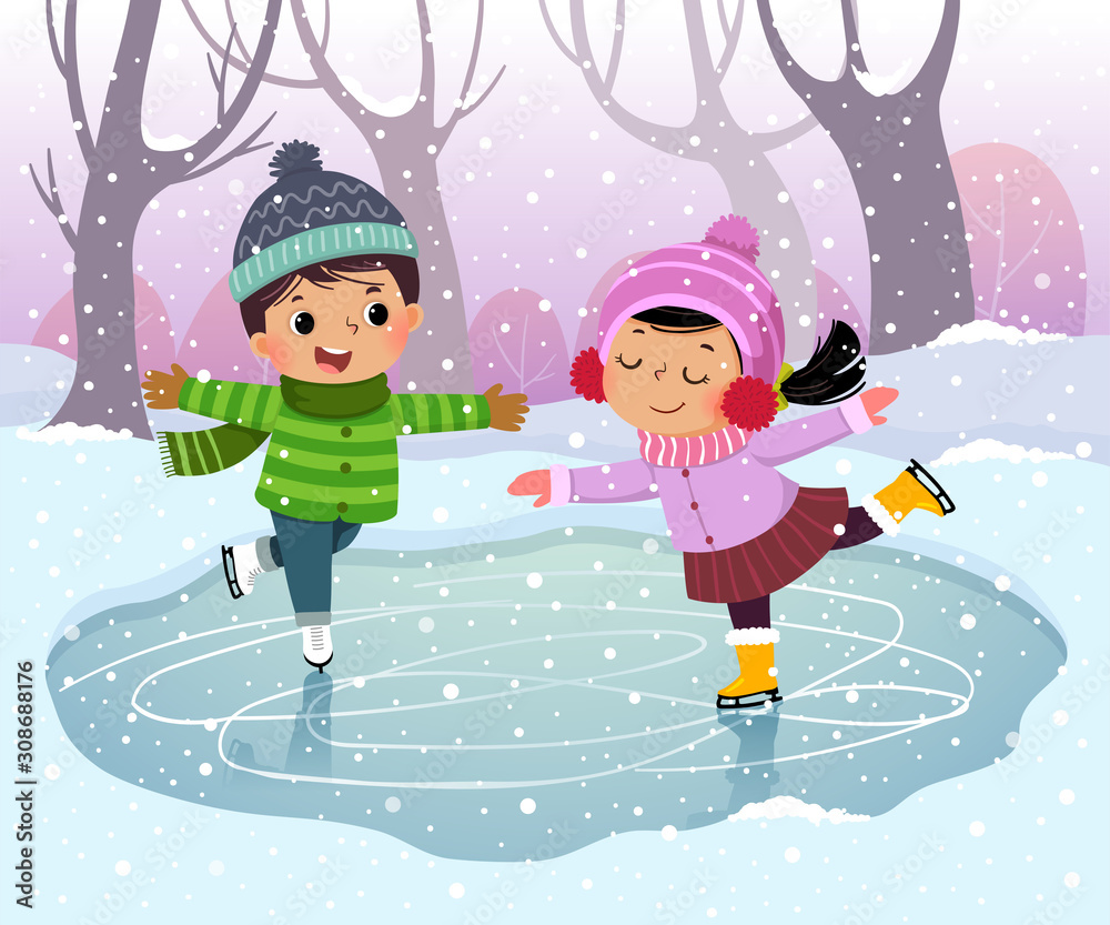 Vector illustration cartoon of cute boy and girl kids ice skating in winter  snowy landscape. Stock Vector | Adobe Stock