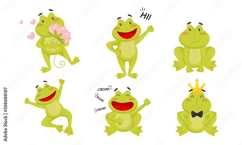 Obraz premium Cute Funny Little Frog Cartoon Character Collection, Adorable Frog Amphibian Animal in Different Situations Vector Illustration