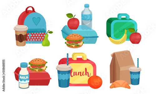 School Lunch Boxes Collection, Snacks Bags with Food for Kids Vector Illustration