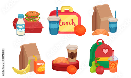 School Lunch Boxes Collection, Snacks Bags with Healthy Food for Kids Vector Illustration
