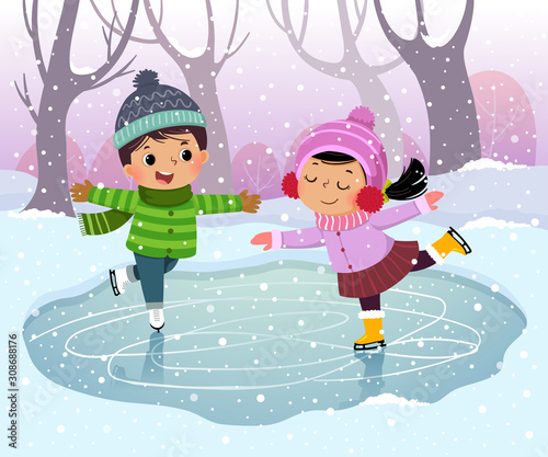 Vector illustration cartoon of cute boy and girl kids ice skating in winter snowy landscape.