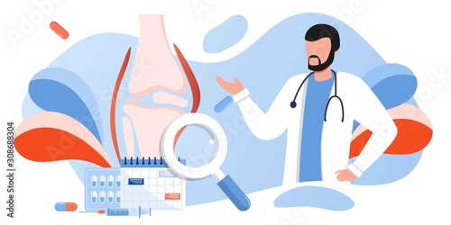 Doctors research human bones. Joint knee part pain. Human anatomy health care medical concept. World arthritis day in October, Osteoporosis banner. Orthopedics doctor. For landing page, banner