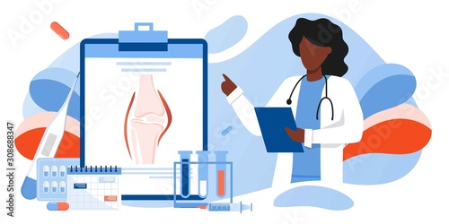 Doctors research human bones. Joint knee part pain. Human anatomy health care medical concept. World arthritis day in October, Osteoporosis banner. Orthopedics doctor. For landing page, banner