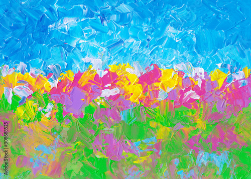 Wallpaper Mural Palette knife oil painting abstraction as background texture. Colorful abstract landscape. Blue, yellow, green, pink, purple, white brush strokes on paper.  Torontodigital.ca
