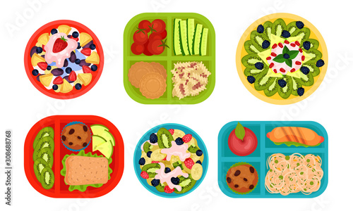 School Lunch, Lunch Trays for Students with Healthy and Tasty Products, Top View Vector Illustration
