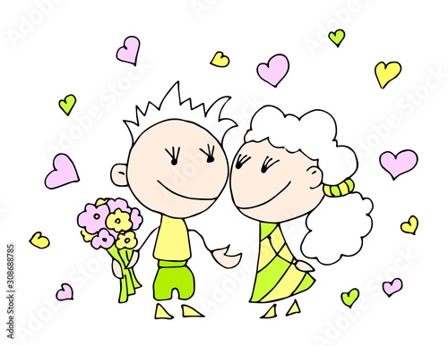 Valentine's Day. Cute hand drawn Boy and Girl isolated on a hearts background. Vector illustration. © Maria