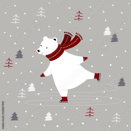 Merry Christmas Card with polar bear ice skating outdoor in winter forest.
